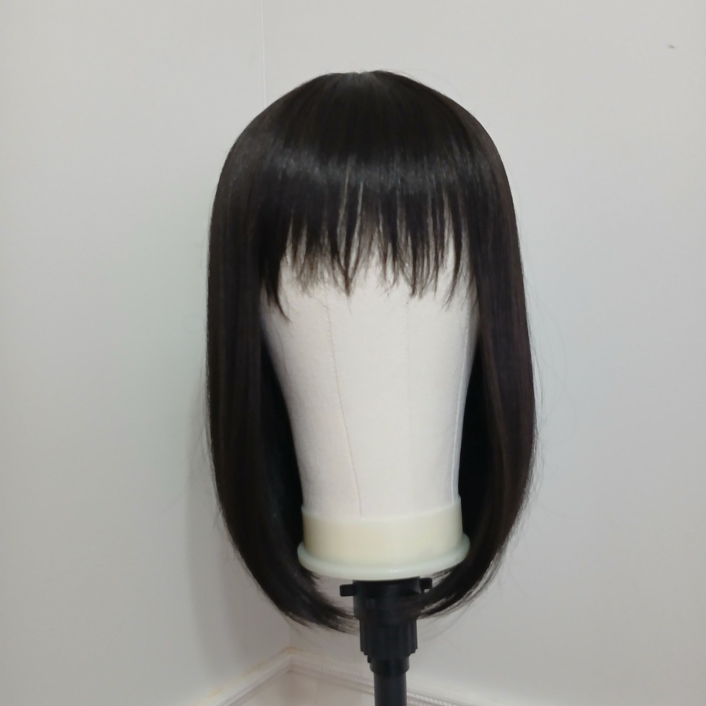 Womens 16 Inch Synthetic Bob Wig with Bangs 1B Straight Natural Lace Center NEW